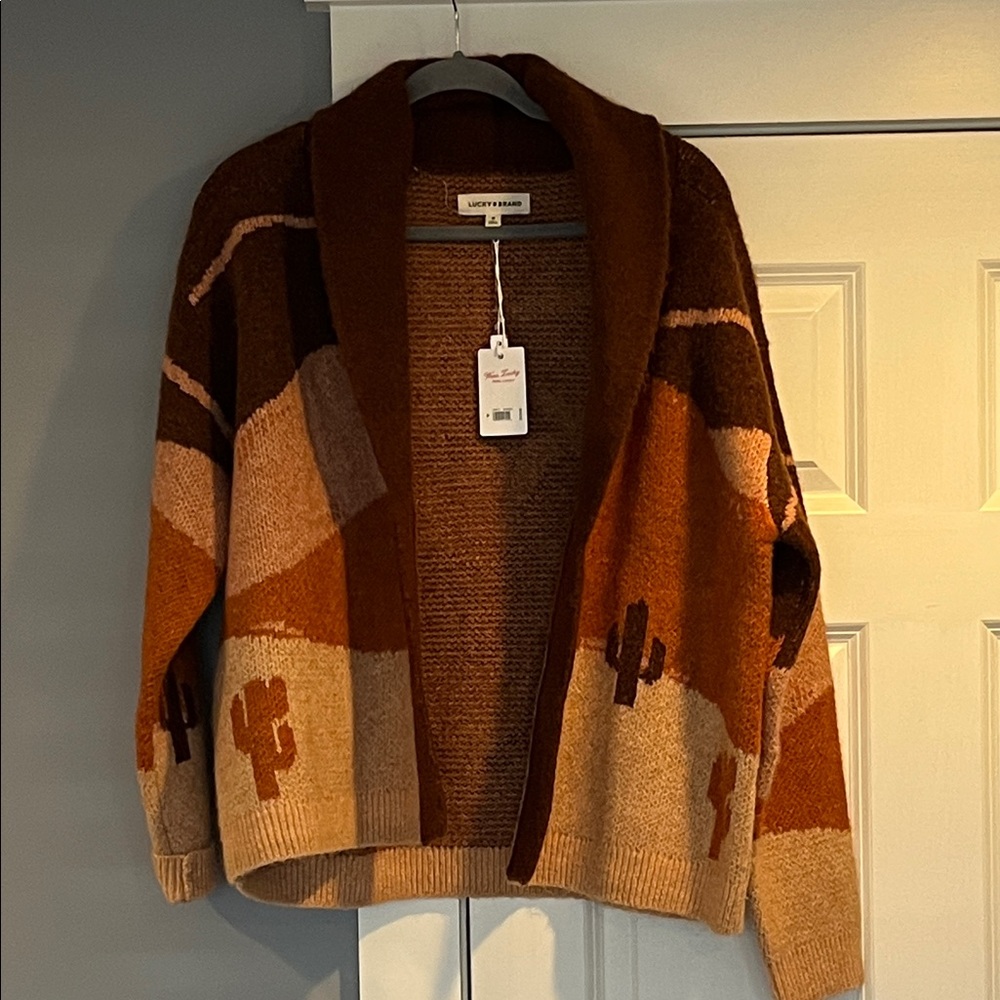 Lucky Brand Brown Rust Camel Desert Cactus Cardigan